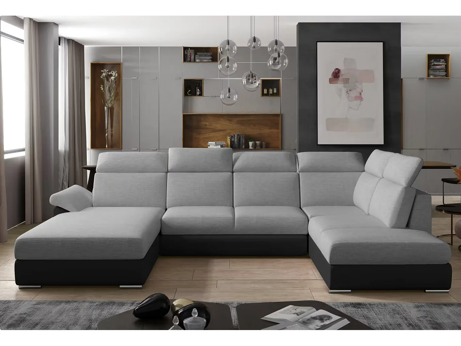 Canapé Convertible Panoramique LEVANO Tissu et Simili Cuir, Têtières-Blanc/Gris clair chiné-Coffre à droite