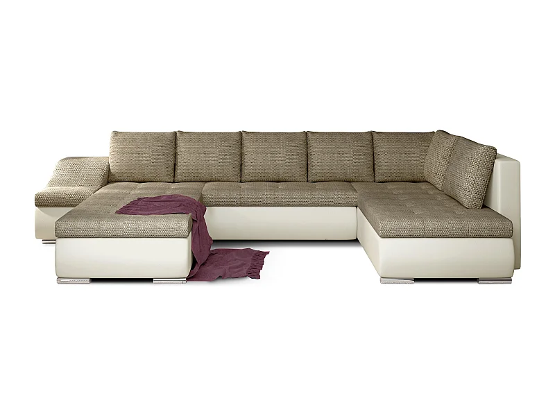 Canapé panoramique convertible JONAZ simili cuir, tissu - Rangement integré-Beige clair/Beige chiné-Méridienne A gauche