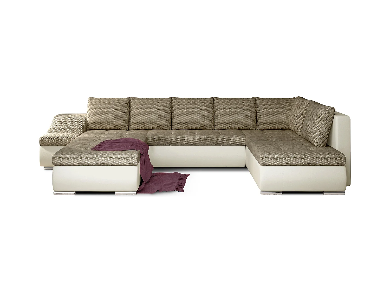 JONAZ omvormbare panoramische bank in imitatieleer en stof - Geïntegreerde opbergruimte-Kleur Lichtbeige/gemêleerd beige-Dagbed Naar links