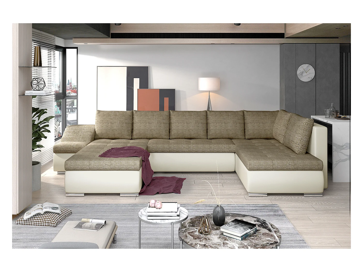 JONAZ omvormbare panoramische bank in imitatieleer en stof - Geïntegreerde opbergruimte-Kleur Lichtbeige/gemêleerd beige-Dagbed Naar links