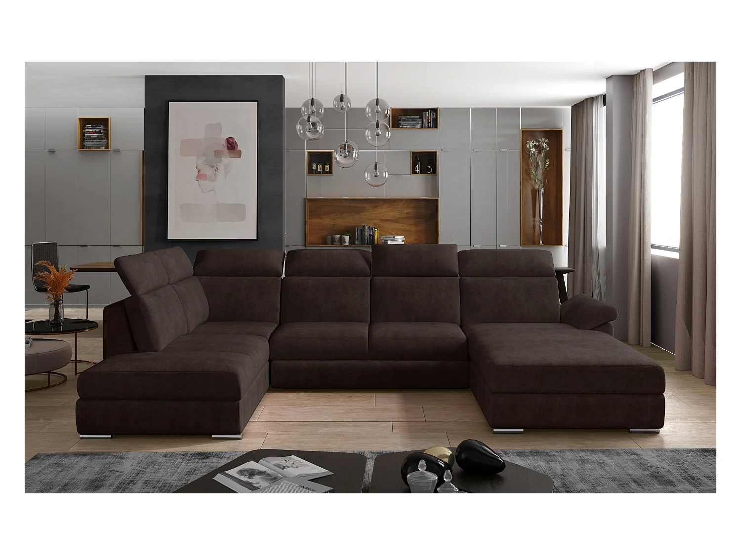 Canapé panoramique convertible LEVANO tissu - Rangement et appuie-têtes réglables-Marron-Coffre à droite