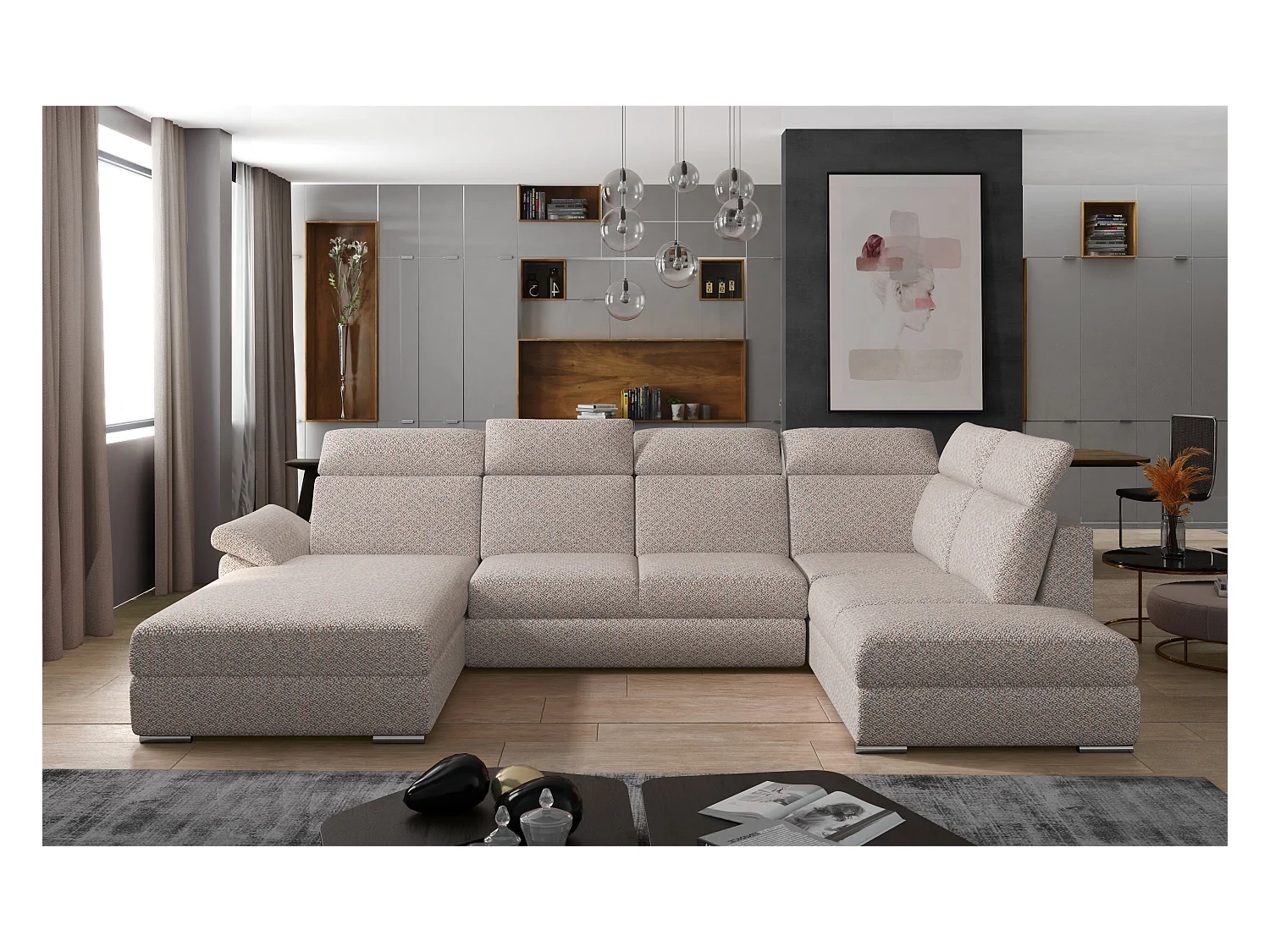 Canapé panoramique convertible LEVANO tissu - Rangement et appuie-têtes réglables-Marron-Coffre à droite