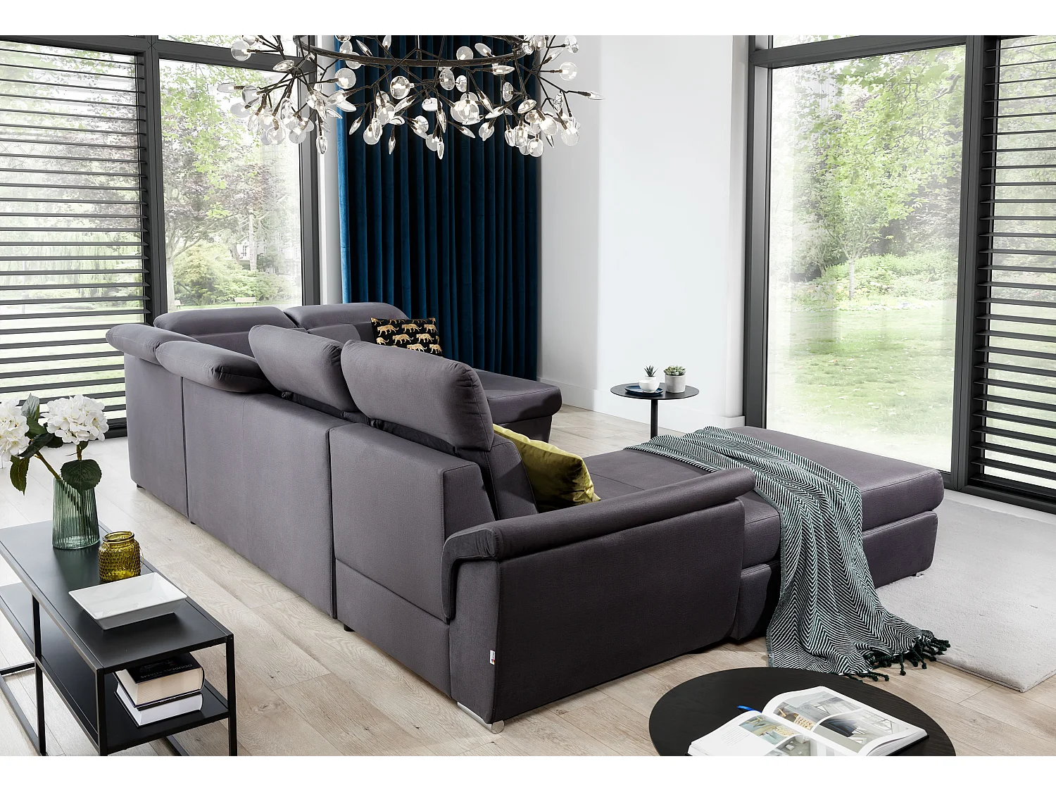 Canapé panoramique convertible LEVANO tissu - Rangement et appuie-têtes réglables-Marron-Coffre à droite