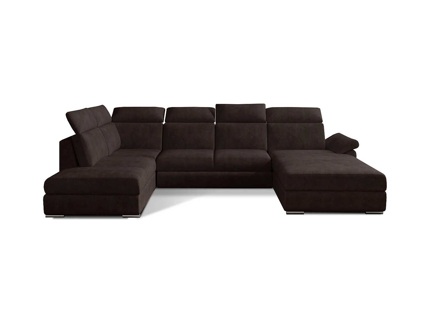 Canapé panoramique convertible LEVANO tissu - Rangement et appuie-têtes réglables-Marron-Coffre à droite