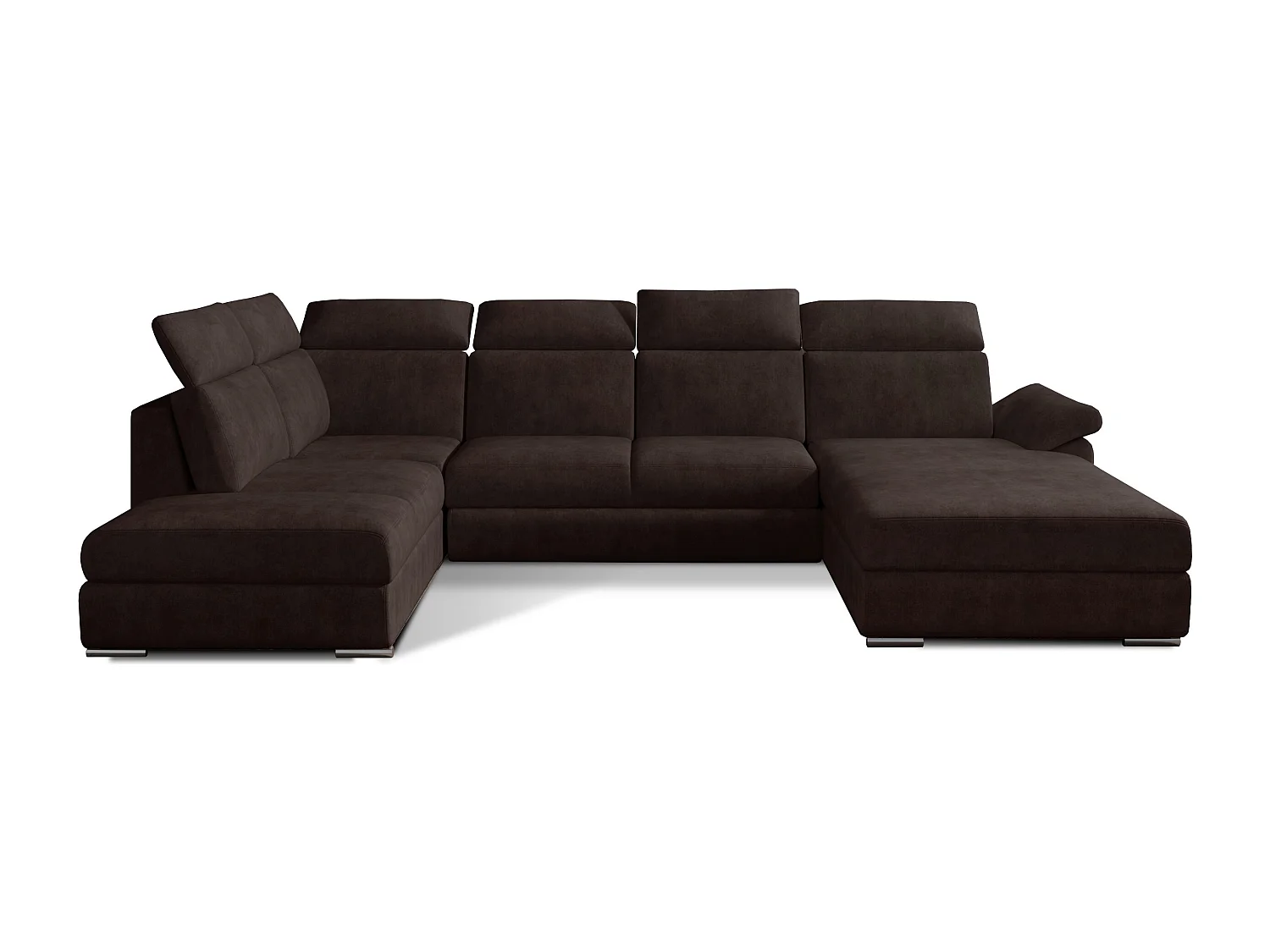 Canapé panoramique convertible LEVANO tissu - Rangement et appuie-têtes réglables-Marron-Coffre à droite