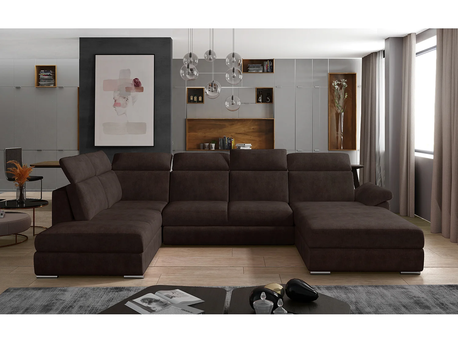 Canapé panoramique convertible LEVANO tissu - Rangement et appuie-têtes réglables-Marron-Coffre à droite