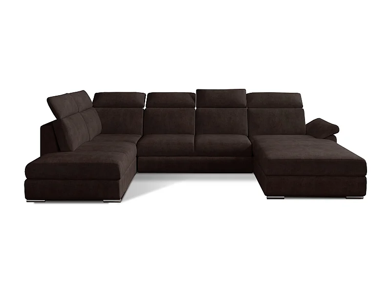 Canapé panoramique convertible LEVANO tissu - Rangement et appuie-têtes réglables-Marron-Coffre à droite