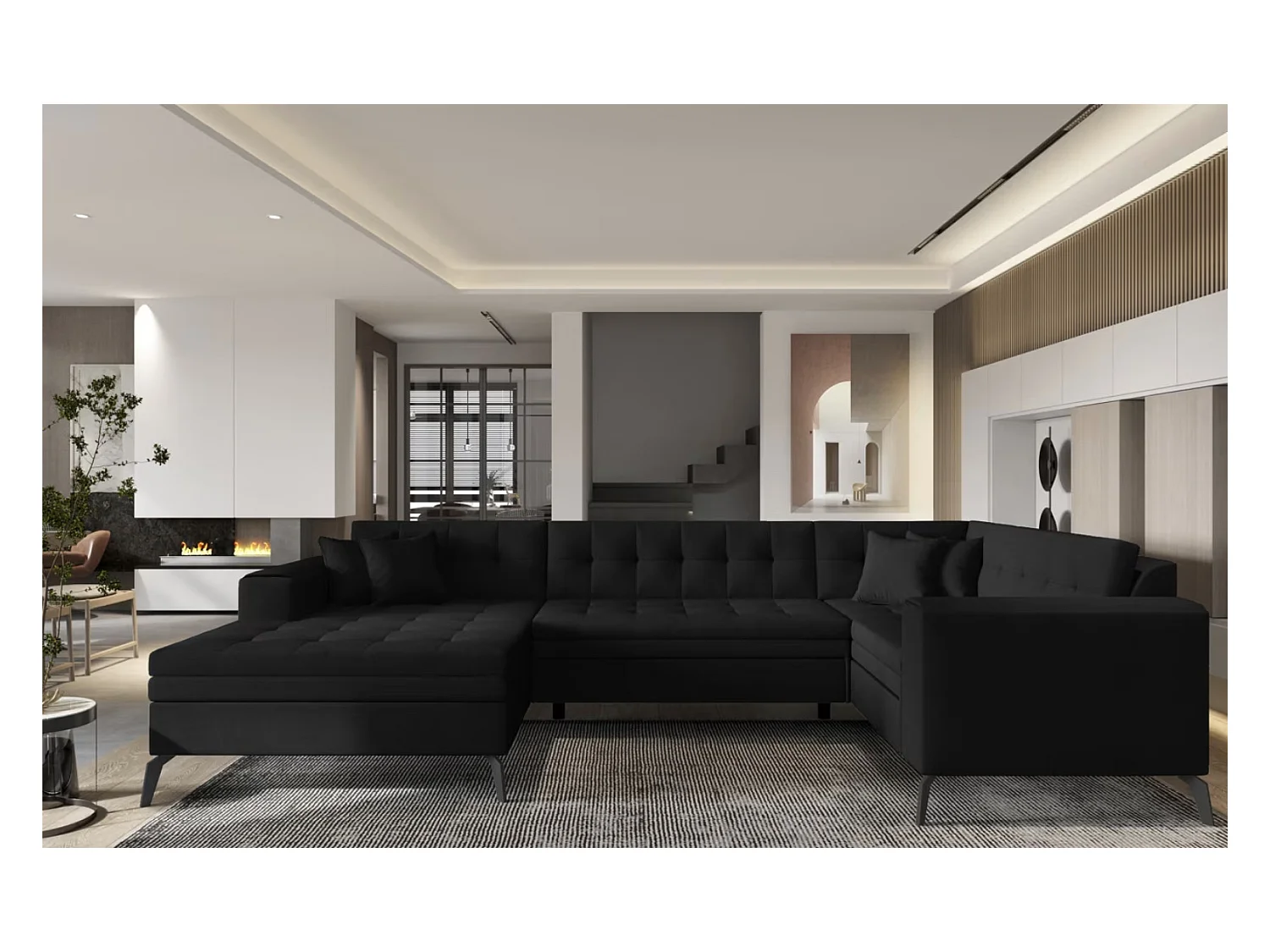 Canapé panoramique convertible BONTY tissu matelassé-Noir chiné-Méridienne A gauche