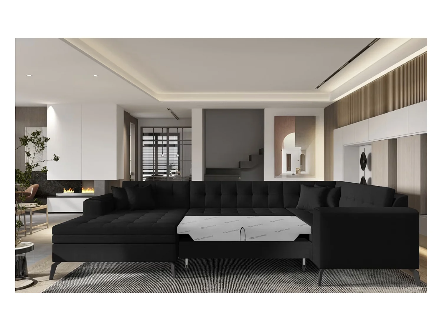 Canapé panoramique convertible BONTY tissu matelassé-Noir chiné-Méridienne A gauche