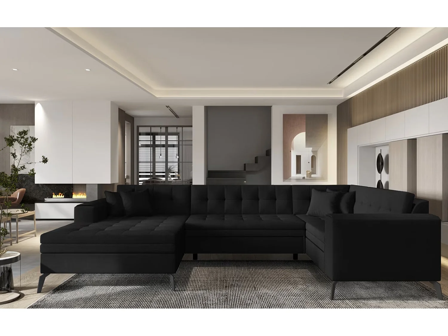 Canapé panoramique convertible BONTY tissu matelassé-Noir chiné-Méridienne A gauche