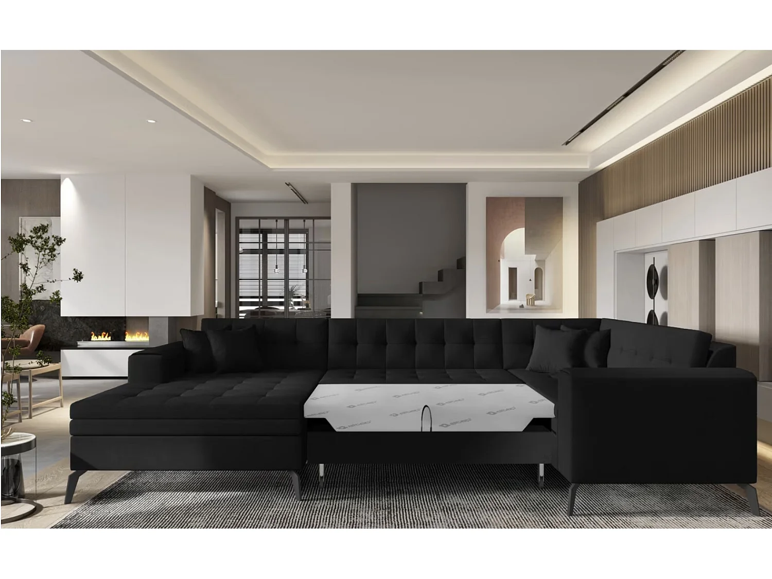 Canapé panoramique convertible BONTY tissu matelassé-Noir chiné-Méridienne A gauche