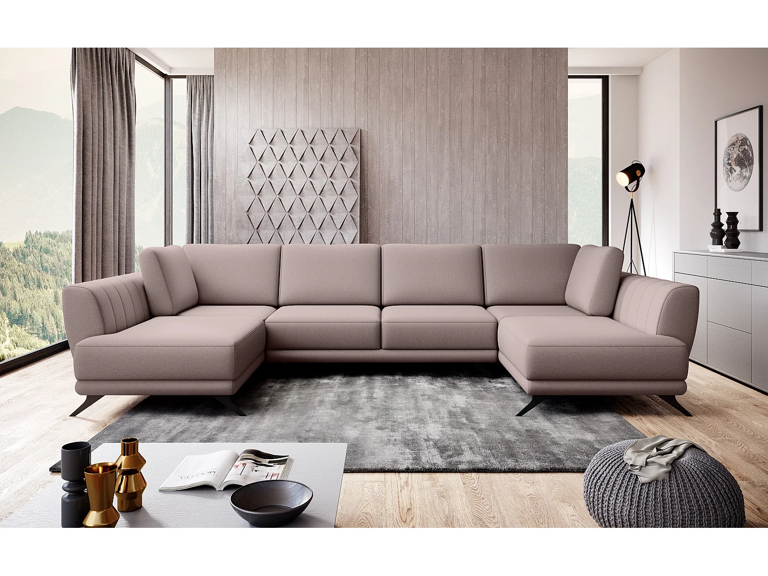 Canapé panoramique LARGOS – Tissu-Rose clair