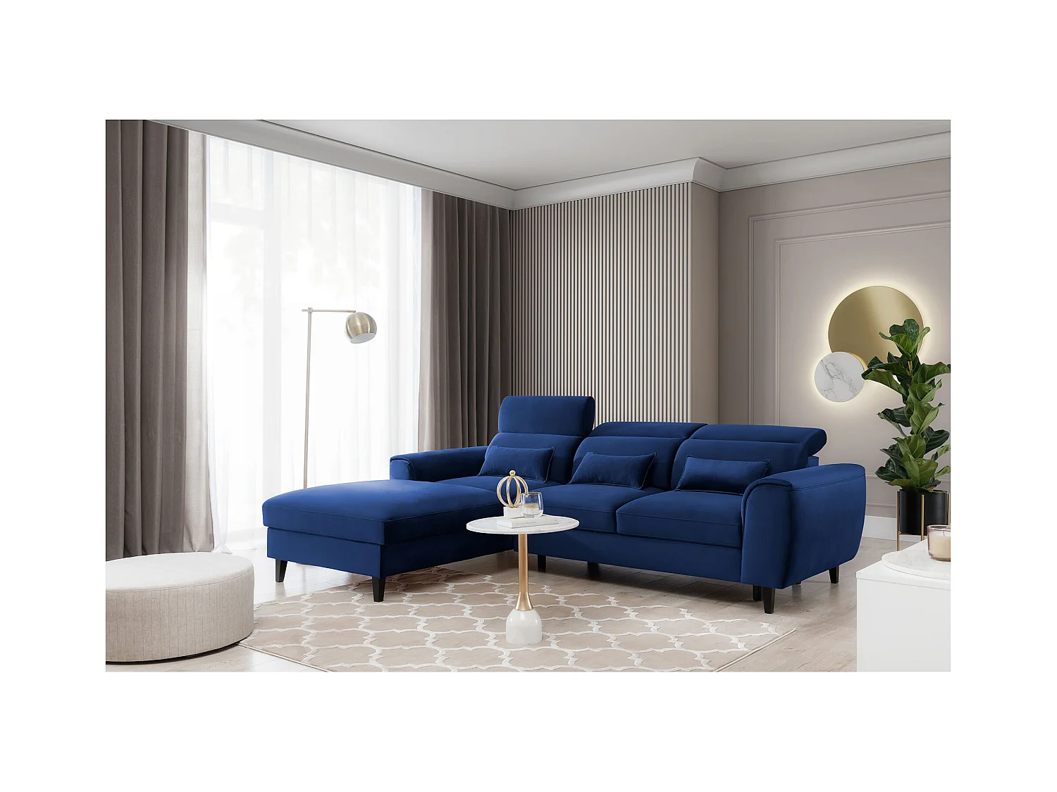 Canapé d'angle convertible velours appuis-tête réglables ASTORIA - Coffre et pieds bois noir-Bleu nuit-angle gauche