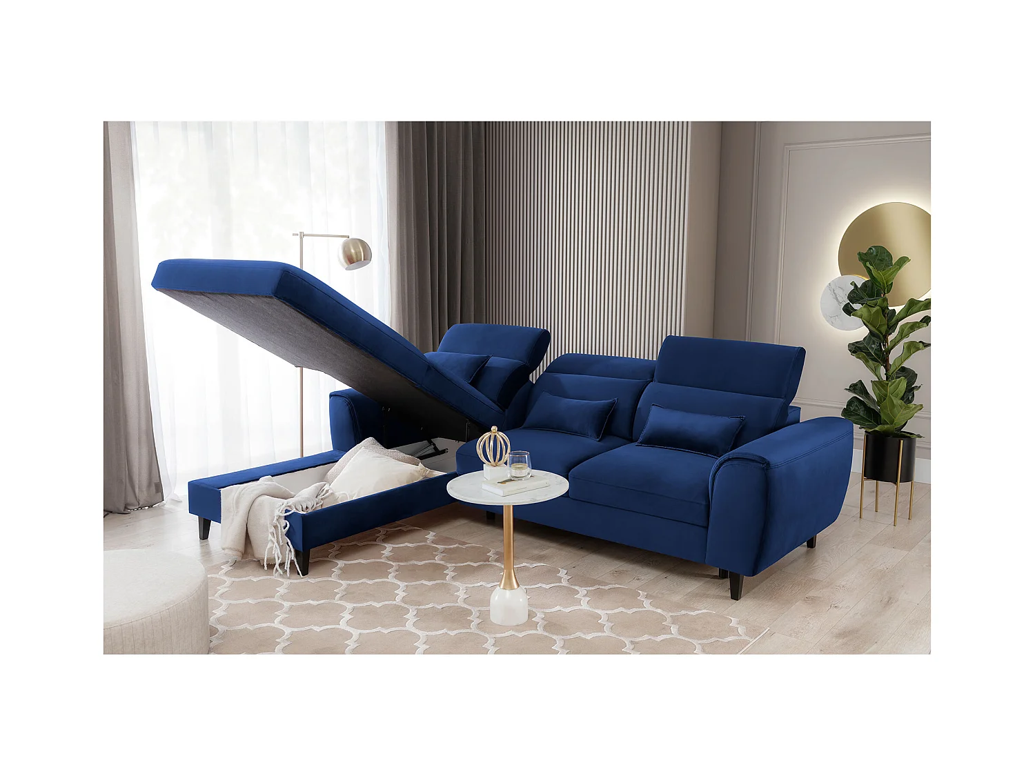 Canapé d'angle convertible velours appuis-tête réglables ASTORIA - Coffre et pieds bois noir-Bleu nuit-angle gauche