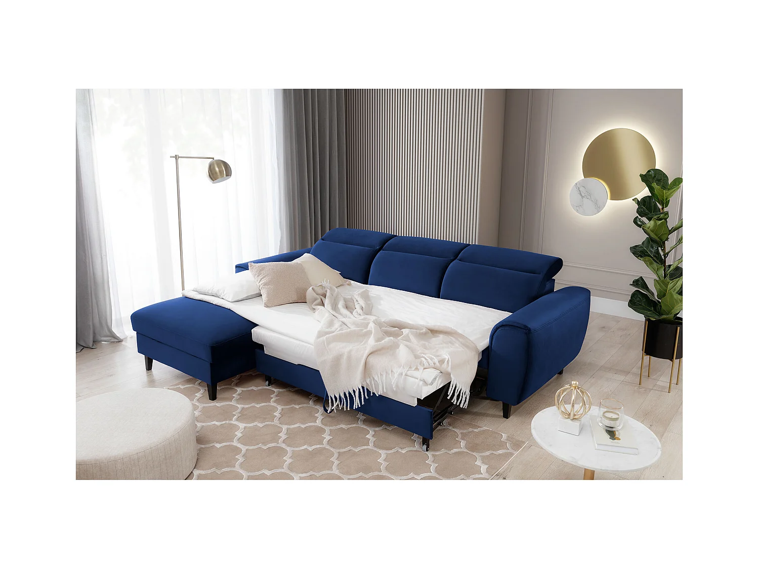 Canapé d'angle convertible velours appuis-tête réglables ASTORIA - Coffre et pieds bois noir-Bleu nuit-angle gauche