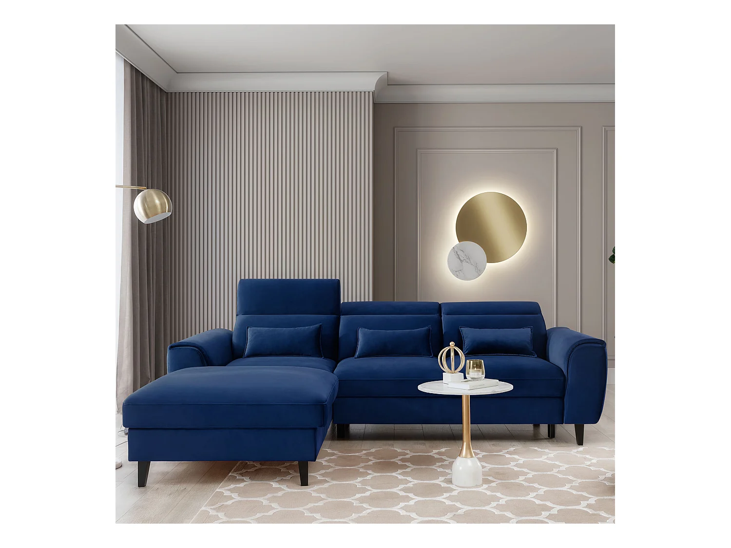 Canapé d'angle convertible velours appuis-tête réglables ASTORIA - Coffre et pieds bois noir-Bleu nuit-angle gauche