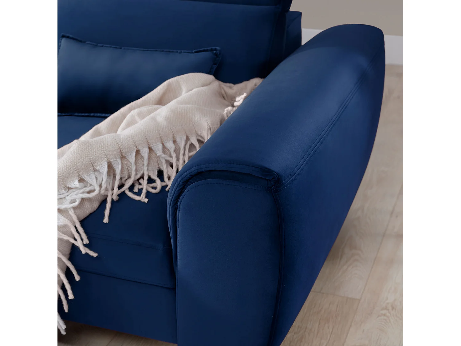 Canapé d'angle convertible velours appuis-tête réglables ASTORIA - Coffre et pieds bois noir-Bleu nuit-angle gauche