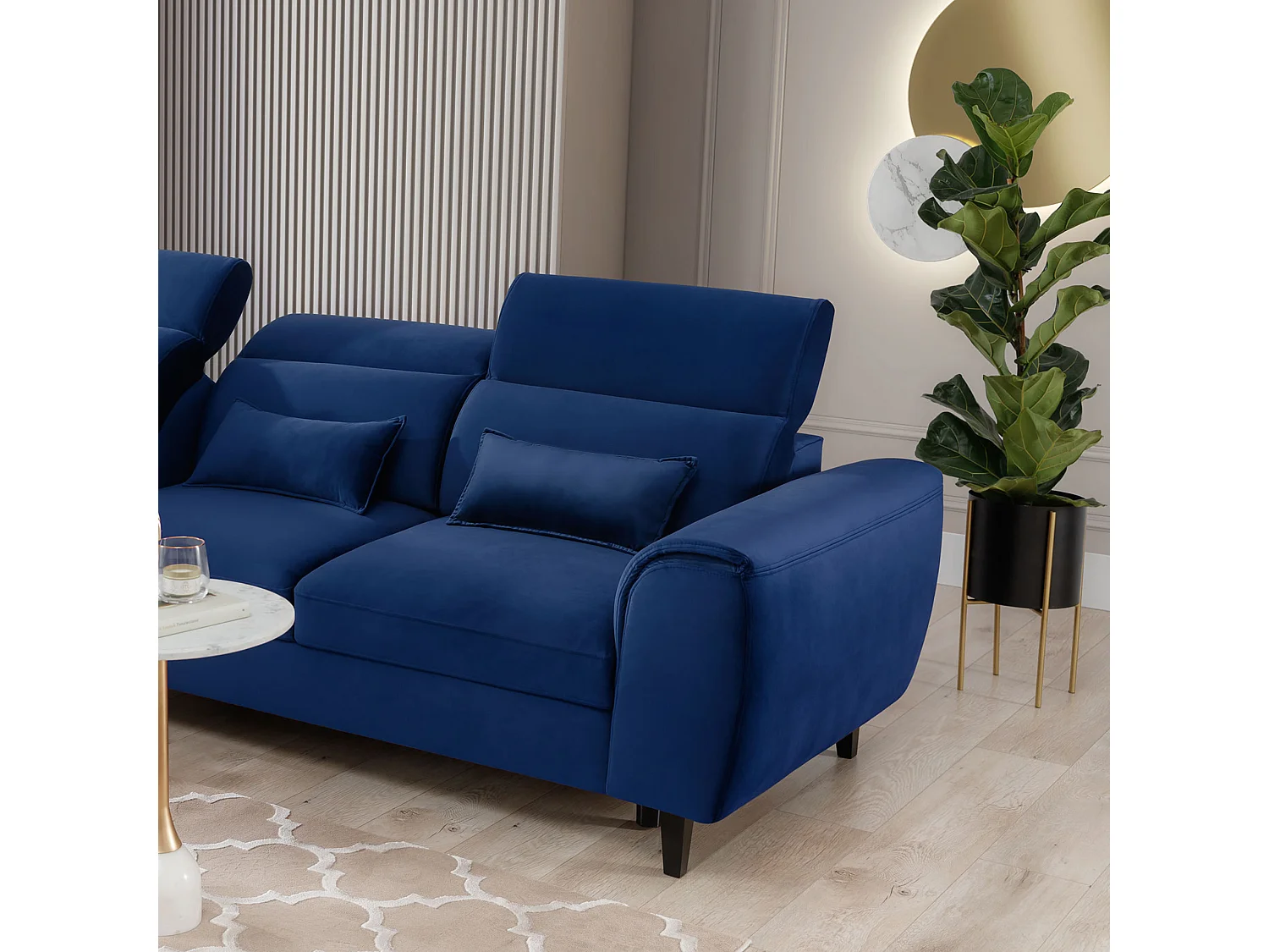 Canapé d'angle convertible velours appuis-tête réglables ASTORIA - Coffre et pieds bois noir-Bleu nuit-angle gauche