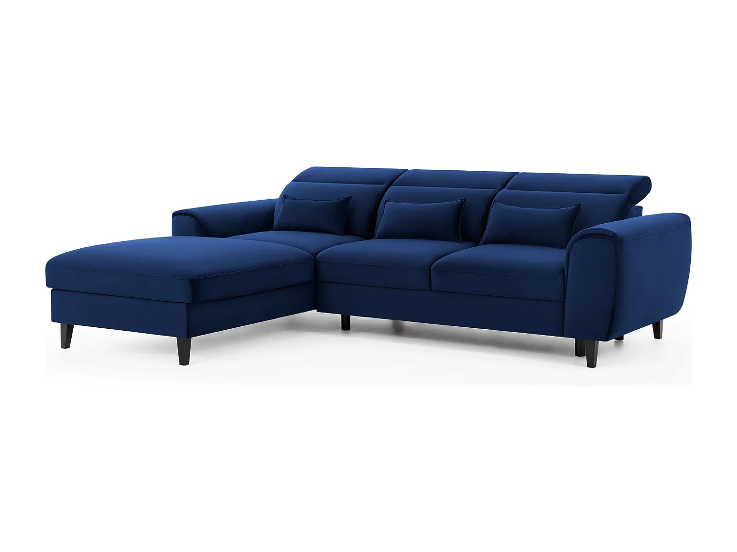 Canapé d'angle convertible velours appuis-tête réglables ASTORIA - Coffre et pieds bois noir-Bleu nuit-angle gauche