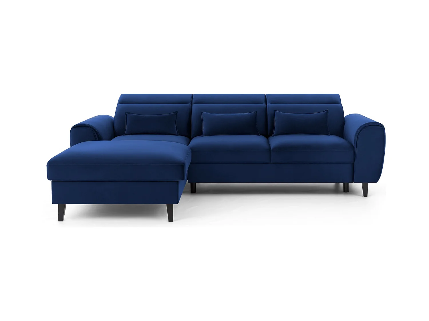 Canapé d'angle convertible velours appuis-tête réglables ASTORIA - Coffre et pieds bois noir-Bleu nuit-angle gauche