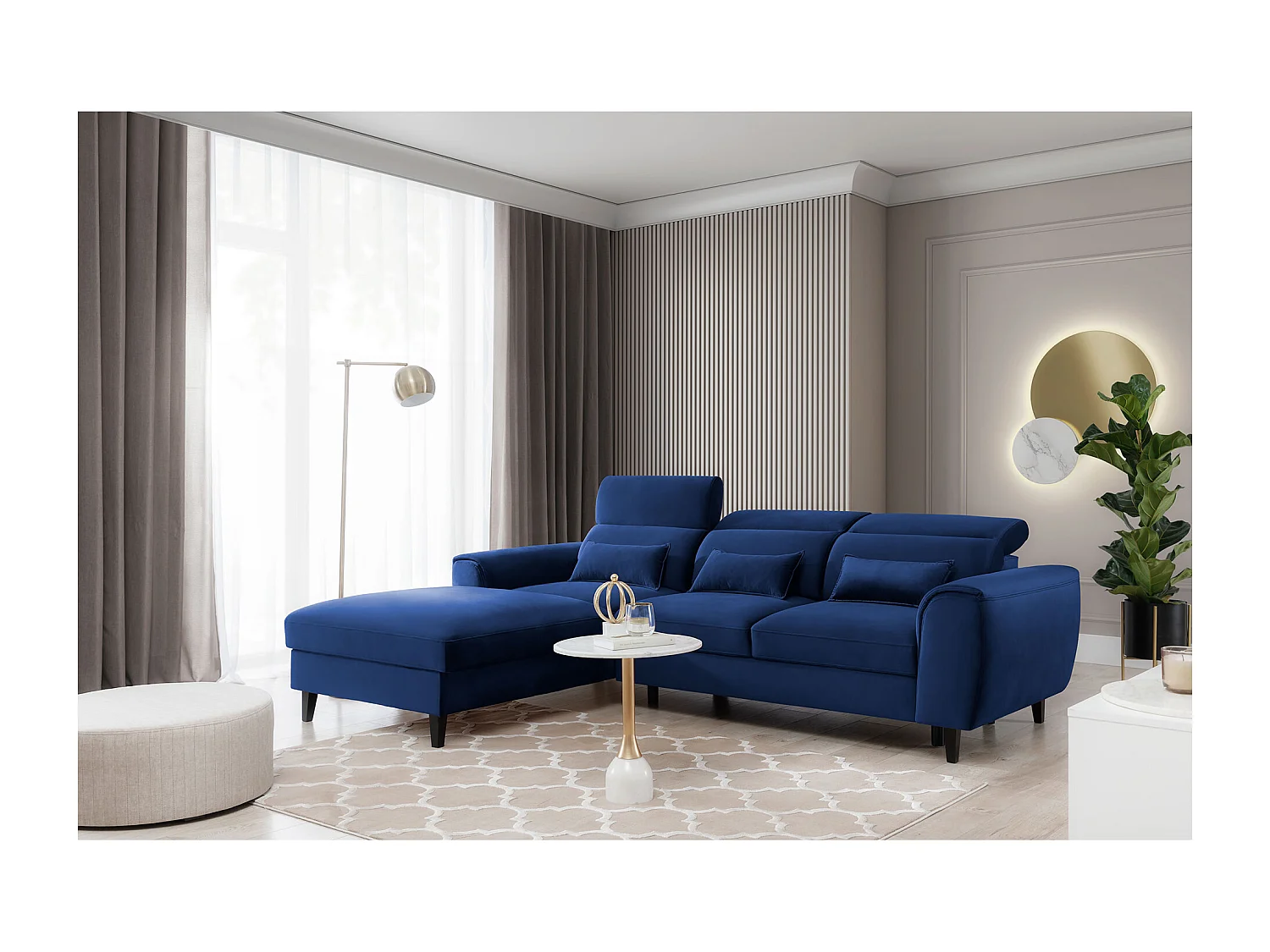 Canapé d'angle convertible velours appuis-tête réglables ASTORIA - Coffre et pieds bois noir-Bleu nuit-angle gauche