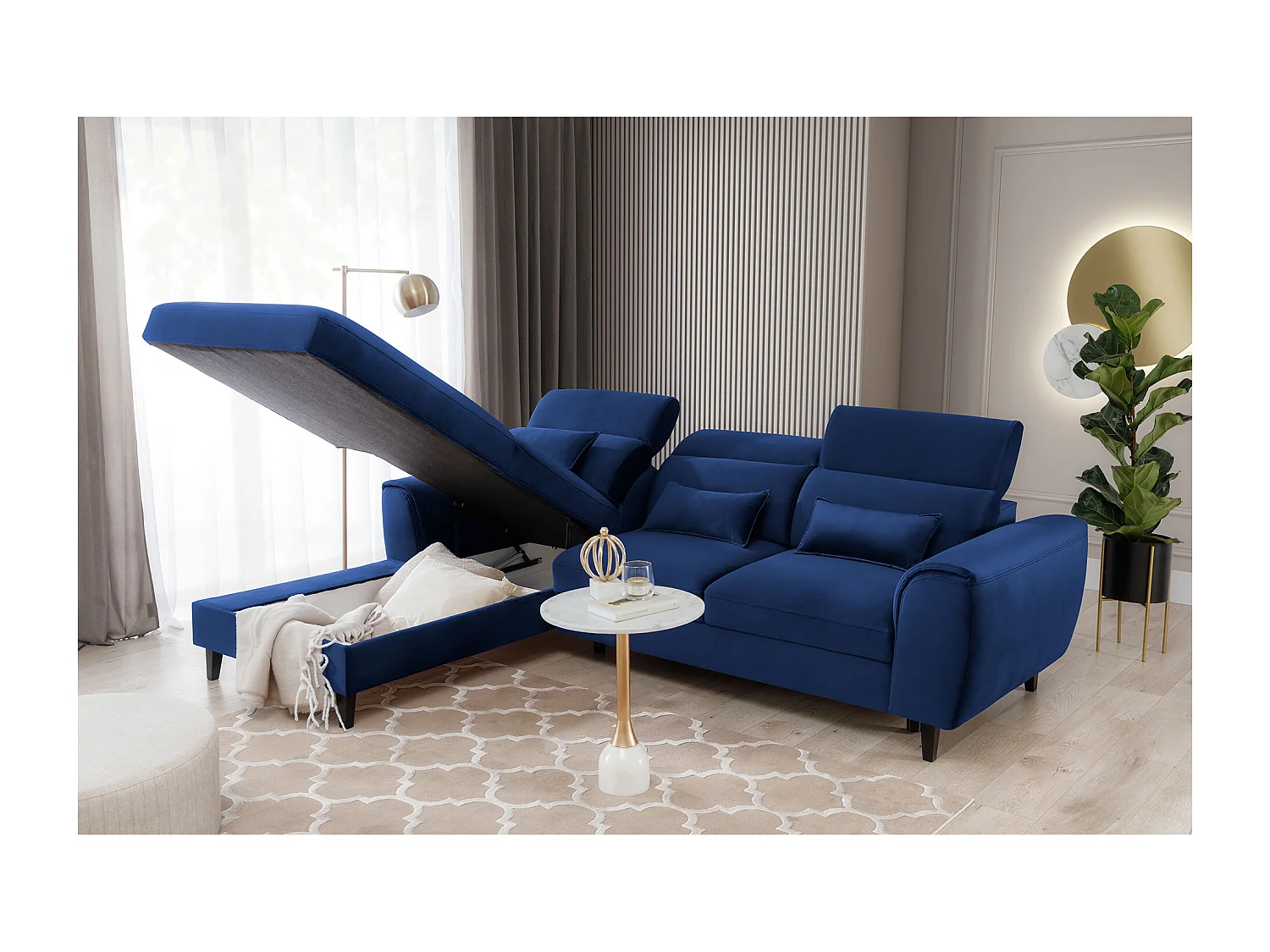 Canapé d'angle convertible velours appuis-tête réglables ASTORIA - Coffre et pieds bois noir-Bleu nuit-angle gauche