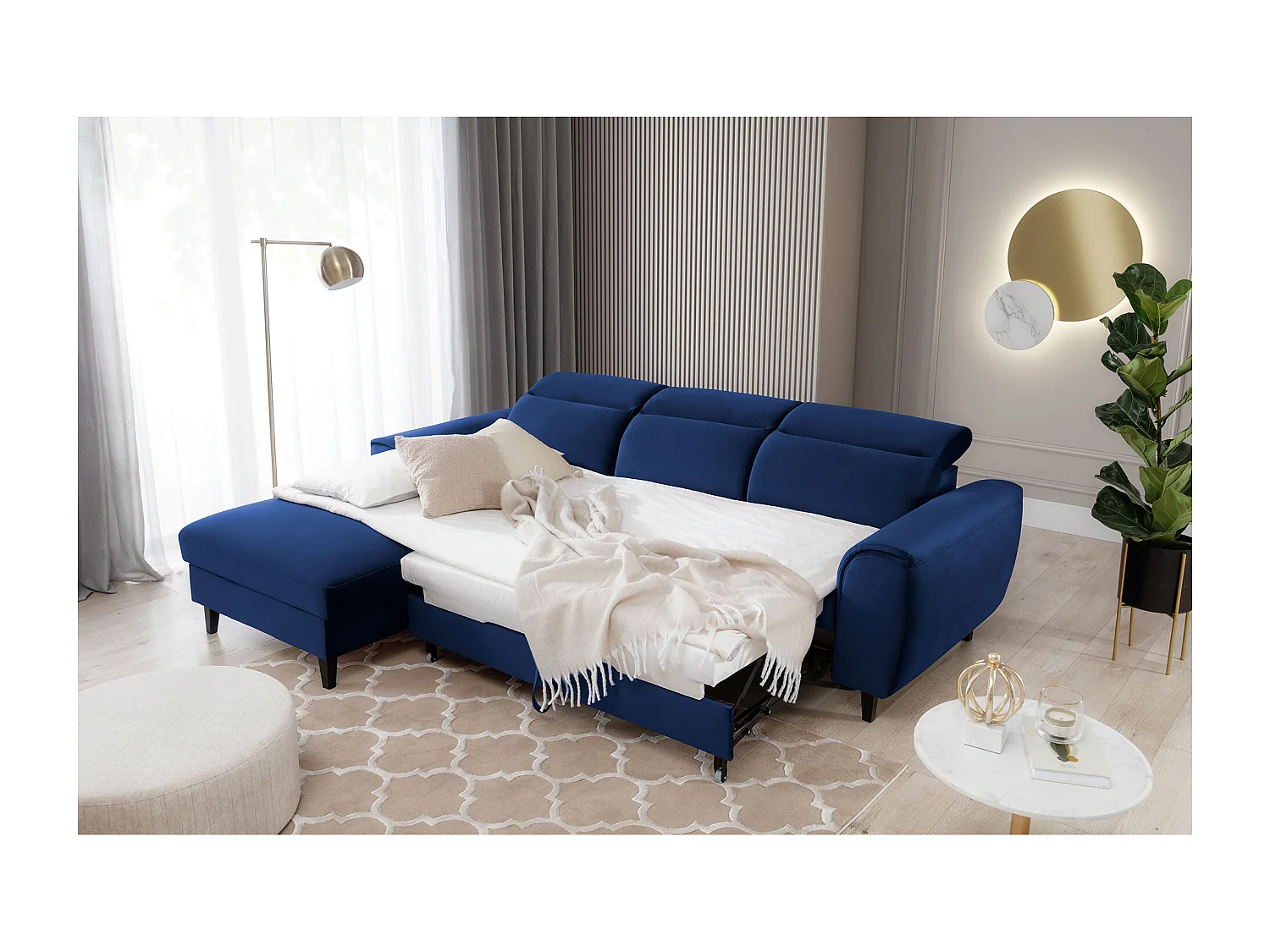 Canapé d'angle convertible velours appuis-tête réglables ASTORIA - Coffre et pieds bois noir-Bleu nuit-angle gauche