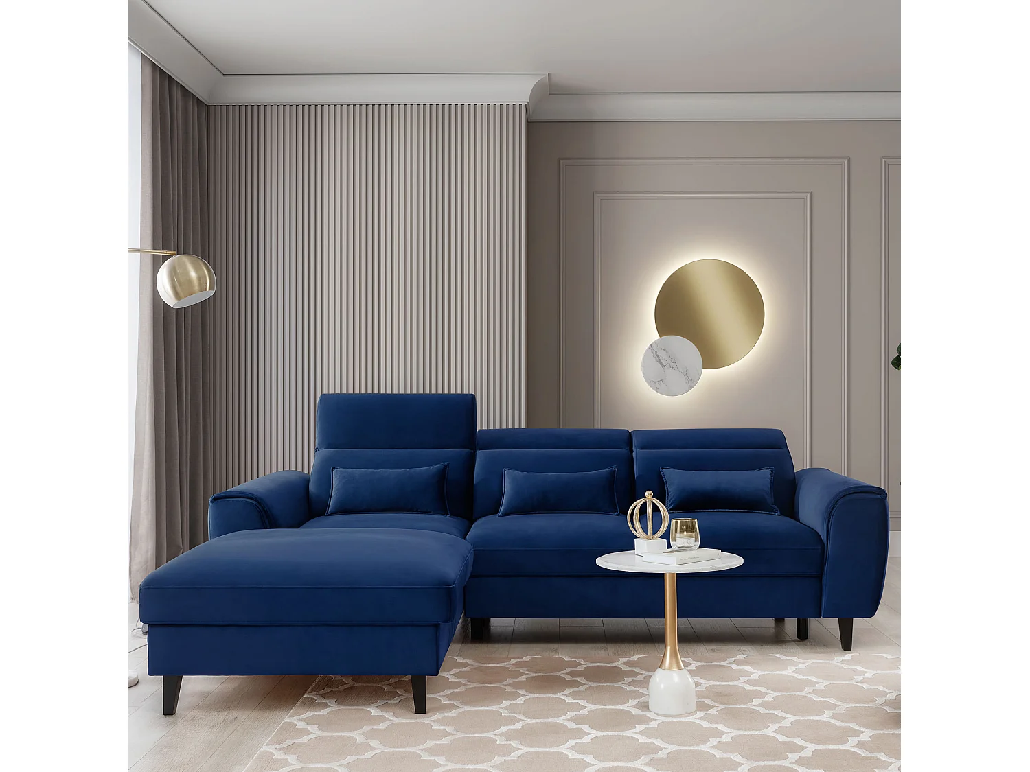 Canapé d'angle convertible velours appuis-tête réglables ASTORIA - Coffre et pieds bois noir-Bleu nuit-angle gauche