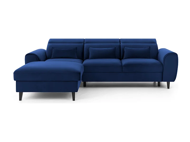 Canapé d'angle convertible velours appuis-tête réglables ASTORIA - Coffre et pieds bois noir-Bleu nuit-angle gauche