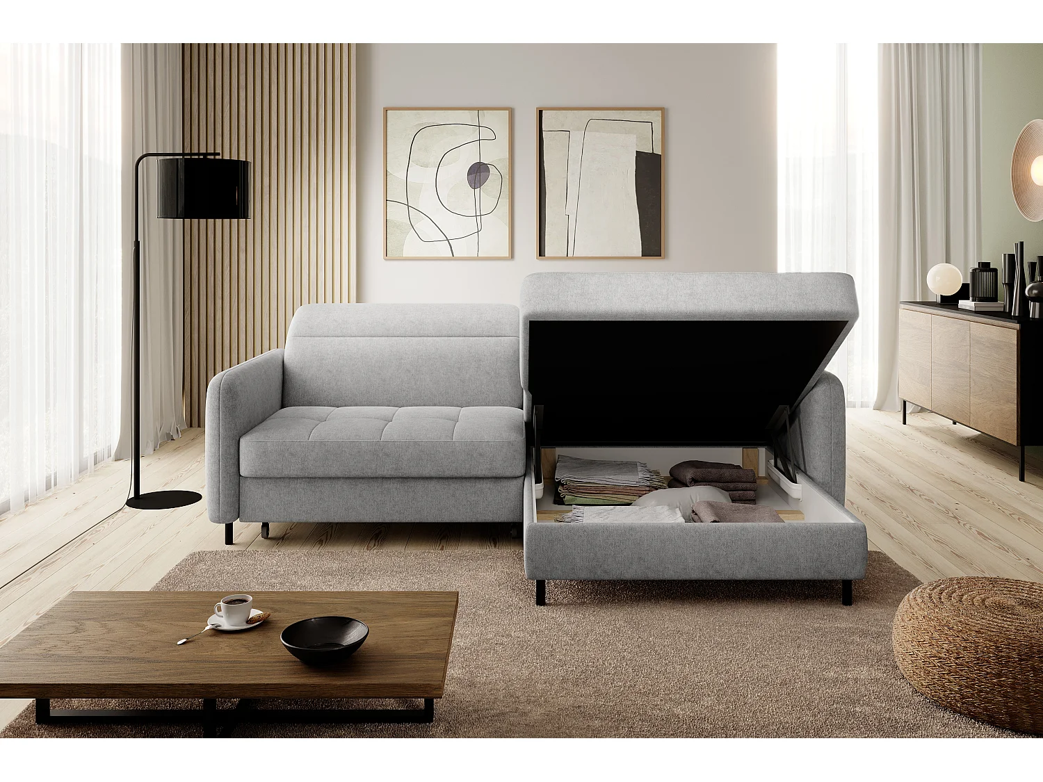 Petit canapé d’angle convertible tissu Kunder-Gris clair-angle droit