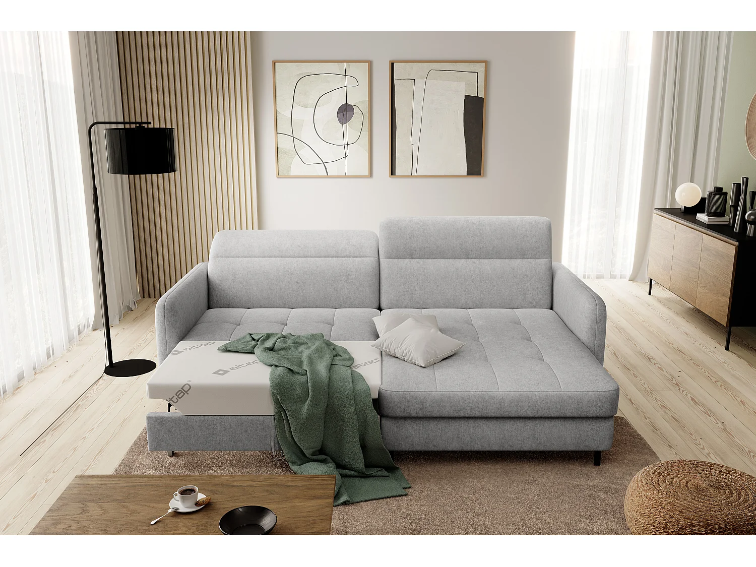 Petit canapé d’angle convertible tissu Kunder-Gris clair-angle droit