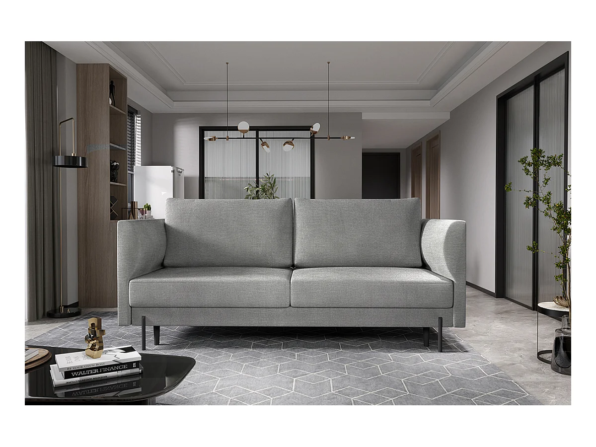 Canapé convertible en velours ROBBY – Rangement et pieds métal noir-Gris clair