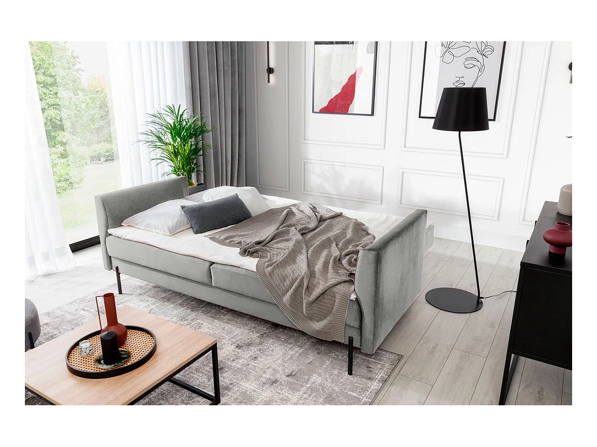 Canapé convertible en velours ROBBY – Rangement et pieds métal noir-Gris clair