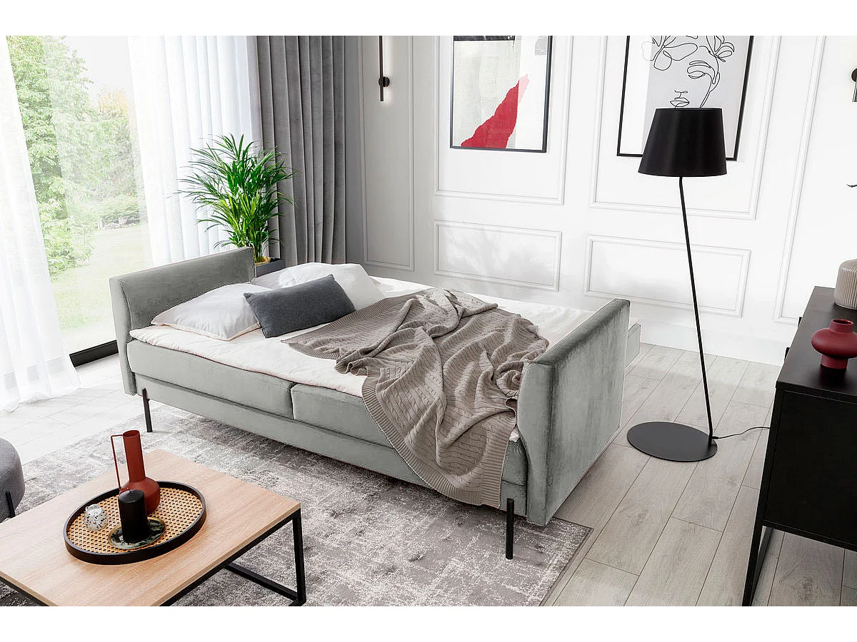 Canapé convertible en velours ROBBY – Rangement et pieds métal noir-Gris clair