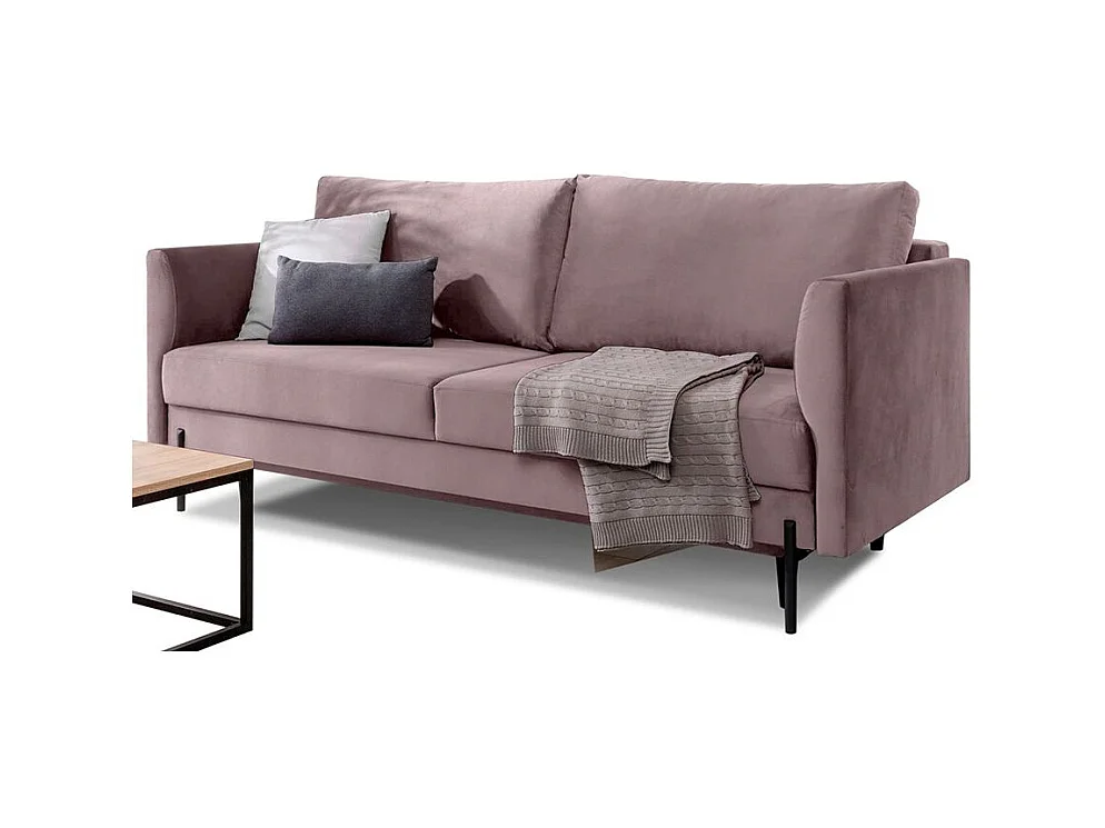 Canapé convertible en velours ROBBY – Rangement et pieds métal noir-Rose balais