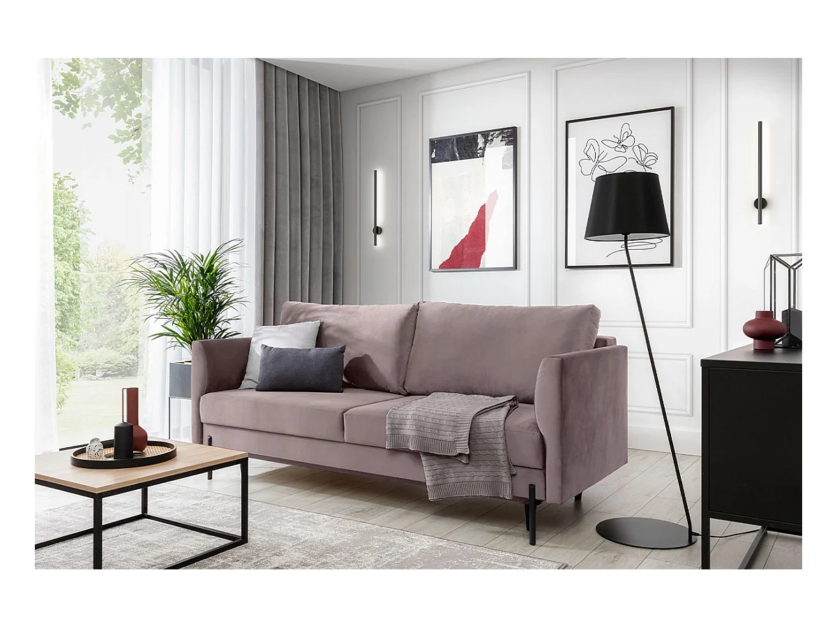 Canapé convertible en velours ROBBY – Rangement et pieds métal noir-Rose balais