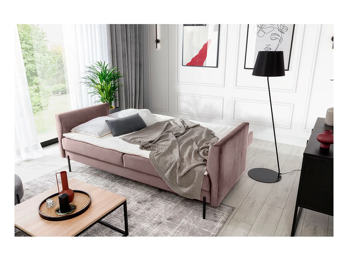 Canapé convertible en velours ROBBY – Rangement et pieds métal noir-Rose balais