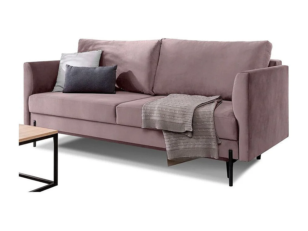 Canapé convertible en velours ROBBY – Rangement et pieds métal noir-Rose balais