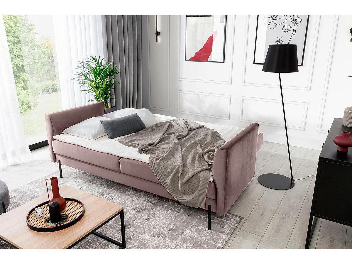 Canapé convertible en velours ROBBY – Rangement et pieds métal noir-Rose balais