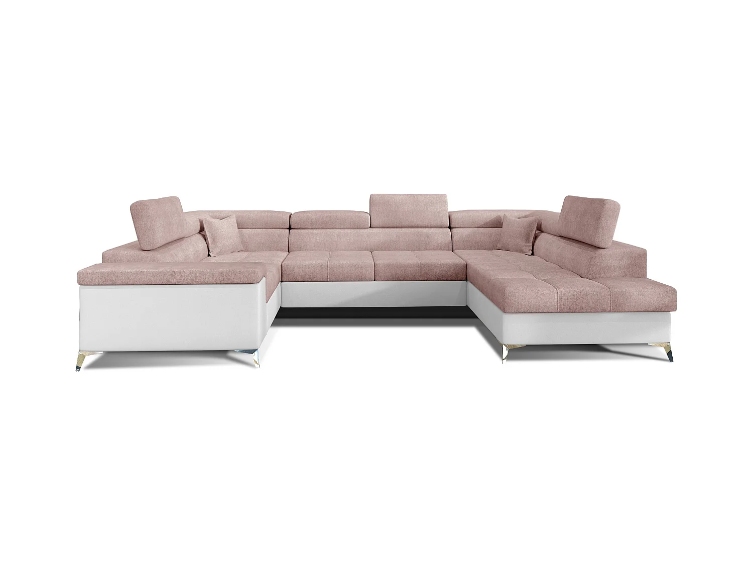 Canapé panoramique convertible TRIANO Bi matière - têtières réglables-Blanc/Rose clair-Coffre à droite