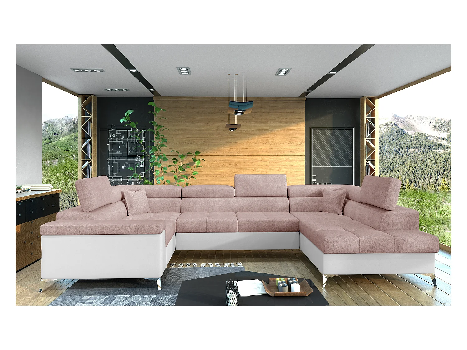 Canapé panoramique convertible TRIANO Bi matière - têtières réglables-Blanc/Rose clair-Coffre à droite