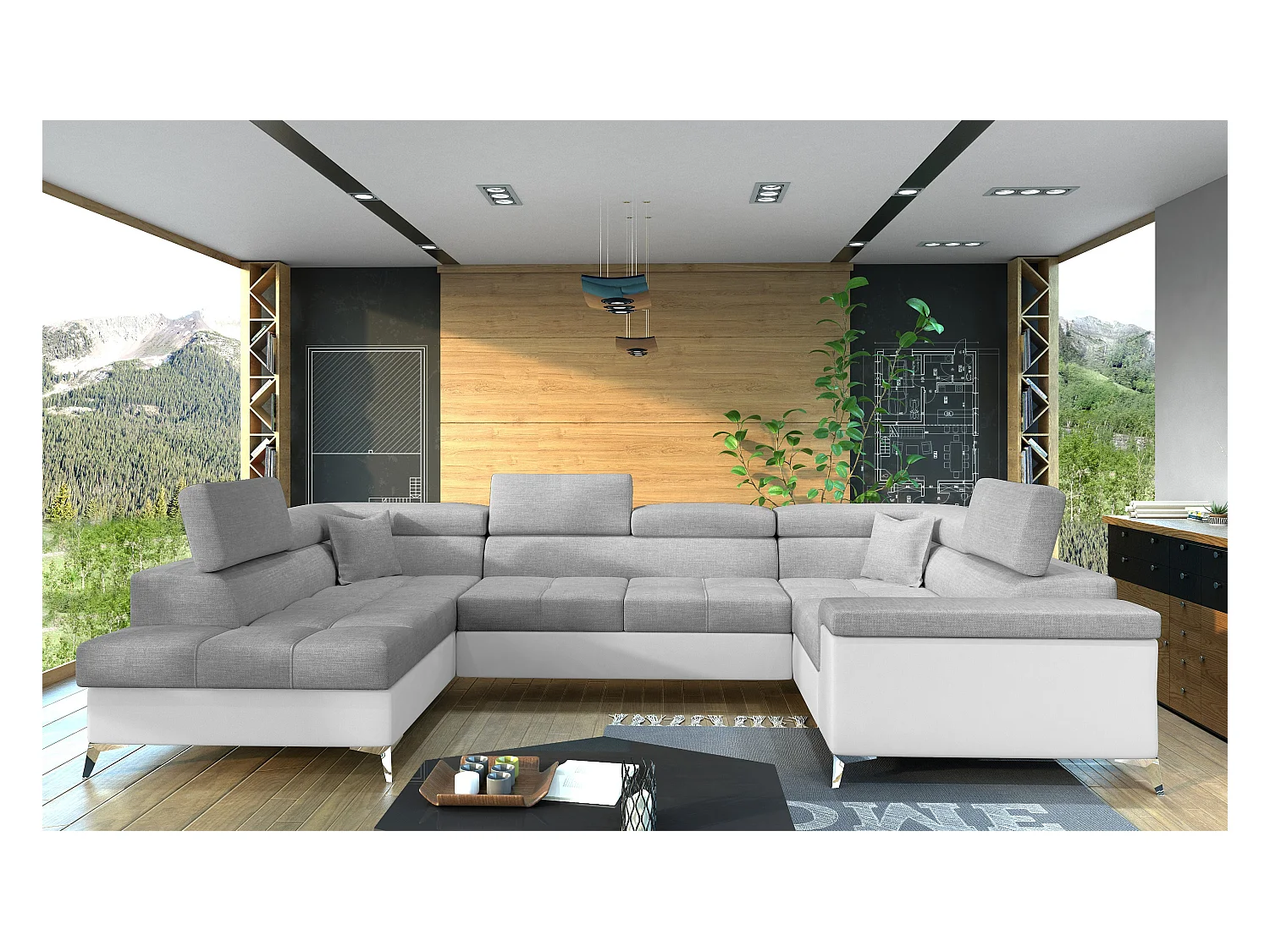 Canapé panoramique convertible TRIANO Bi matière - têtières réglables-Blanc/Rose clair-Coffre à droite