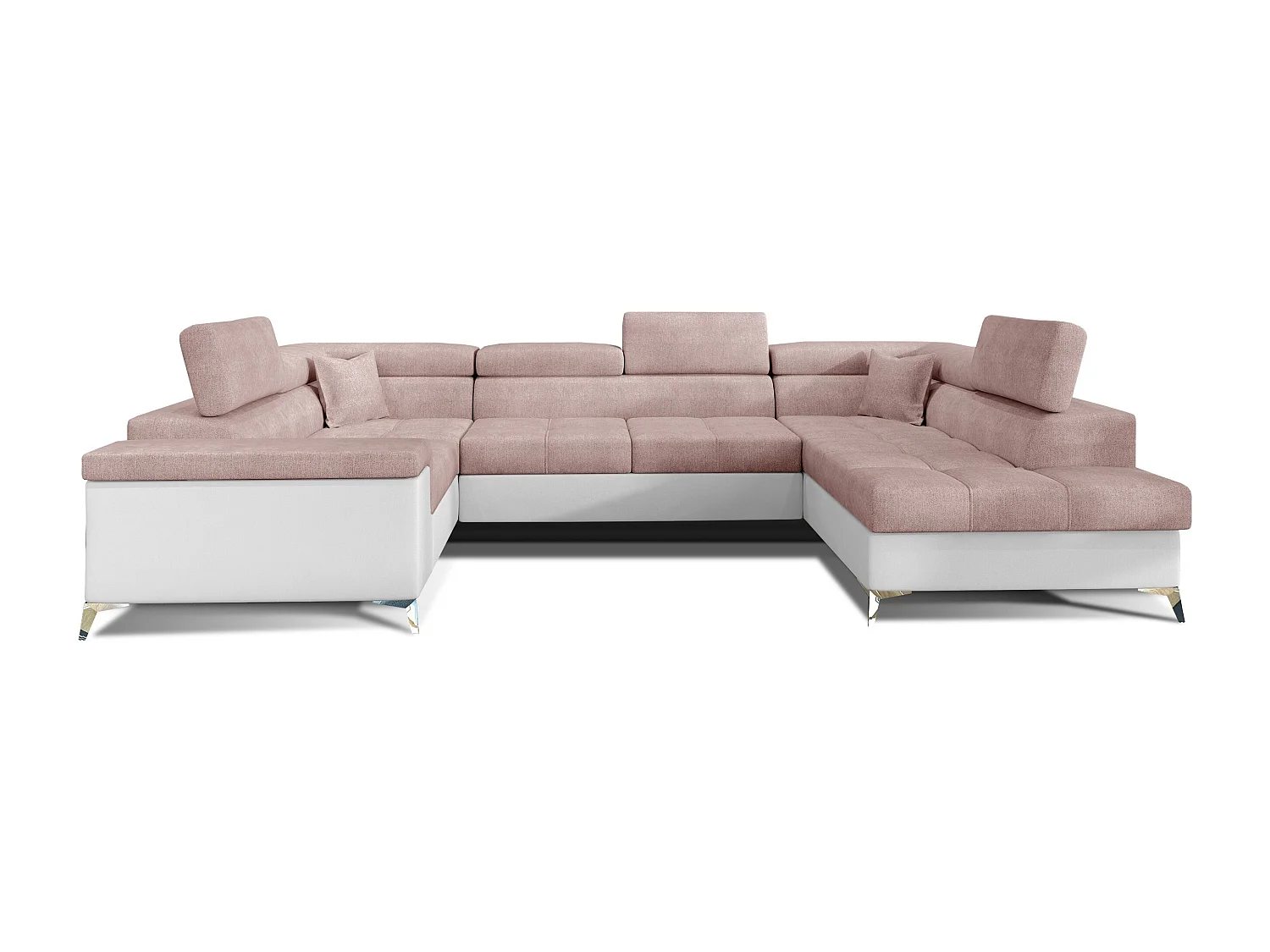 Canapé panoramique convertible TRIANO Bi matière - têtières réglables-Blanc/Rose clair-Coffre à droite
