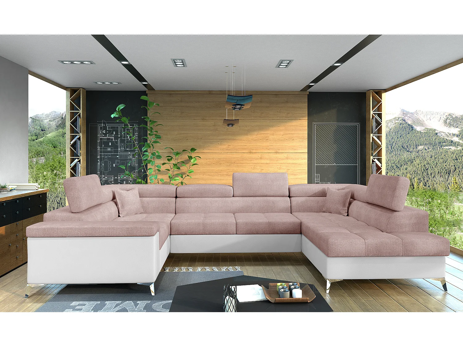 Canapé panoramique convertible TRIANO Bi matière - têtières réglables-Blanc/Rose clair-Coffre à droite