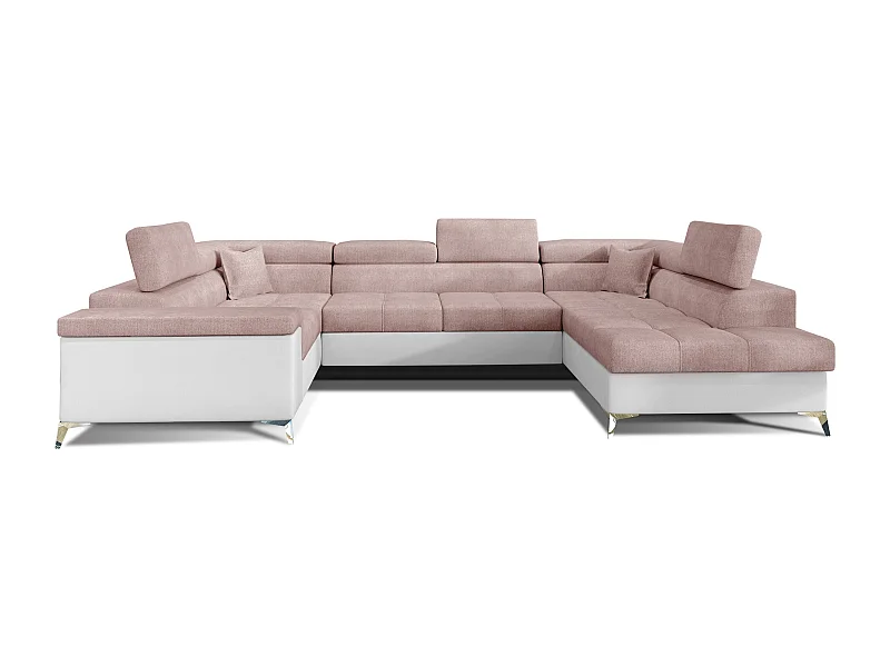 Canapé panoramique convertible TRIANO Bi matière - têtières réglables-Blanc/Rose clair-Coffre à droite