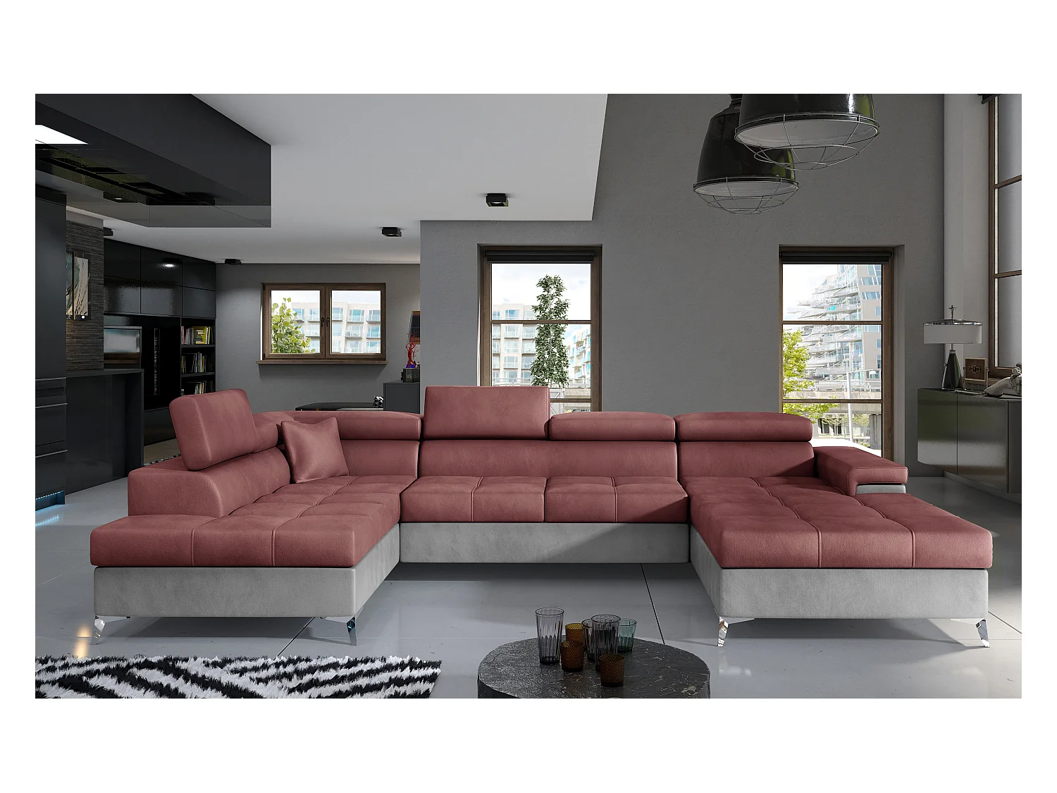 Canapé panoramique convertible KUTTY velours - Rangement et têtières réglables-Gris clair/Rose cuivré-Coffre à gauche