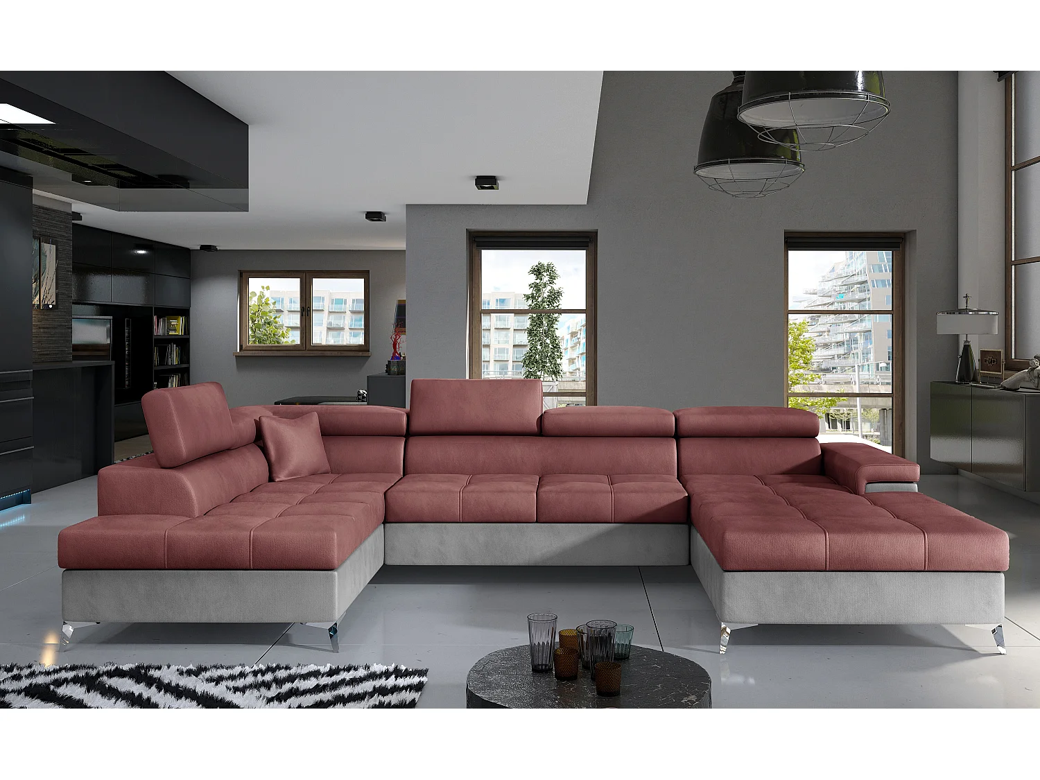 Canapé panoramique convertible KUTTY velours - Rangement et têtières réglables-Gris clair/Rose cuivré-Coffre à gauche