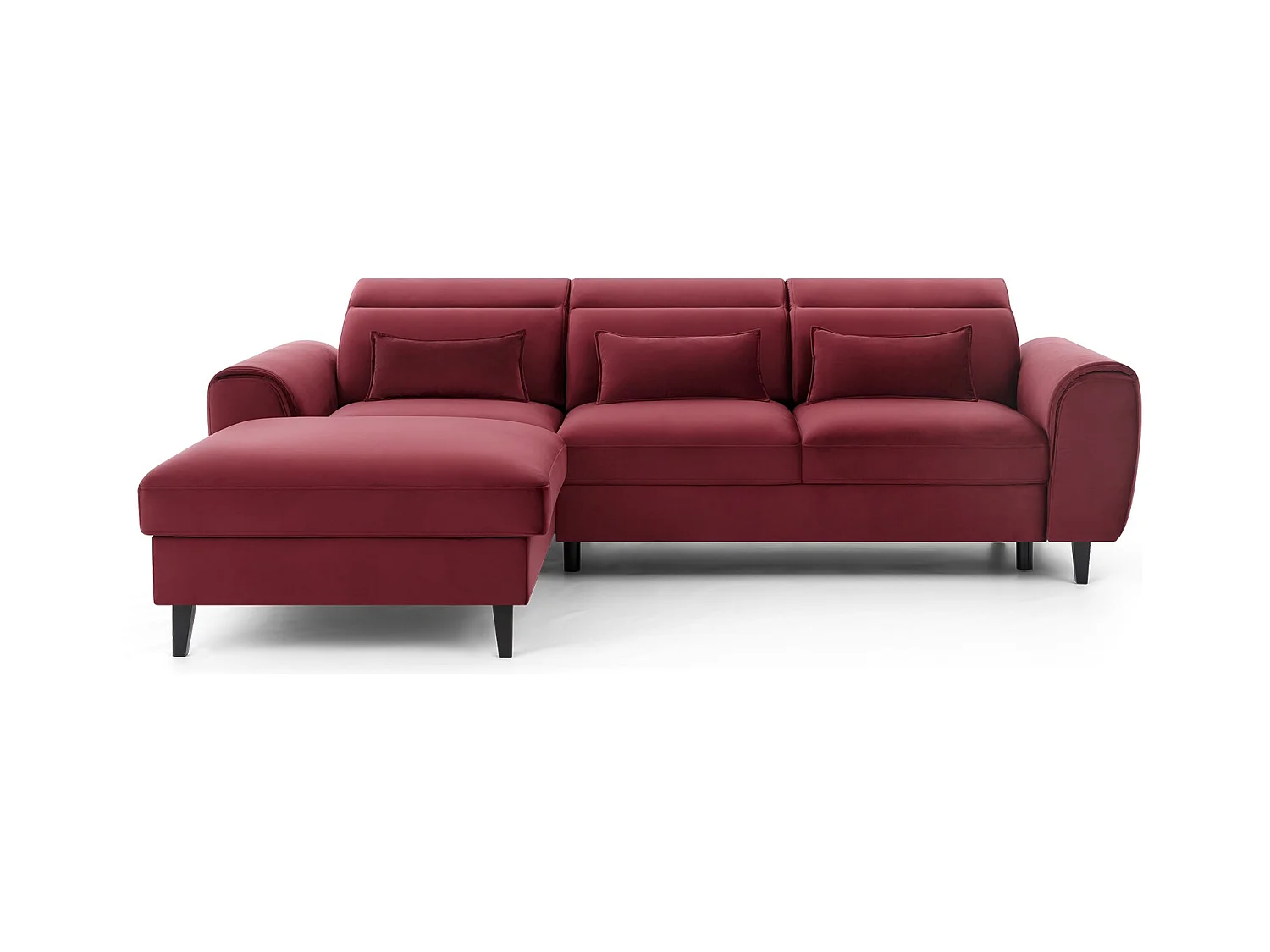 Canapé d'angle convertible velours appuis-tête réglables ASTORIA - Coffre et pieds bois noir-Rouge cerise-angle gauche