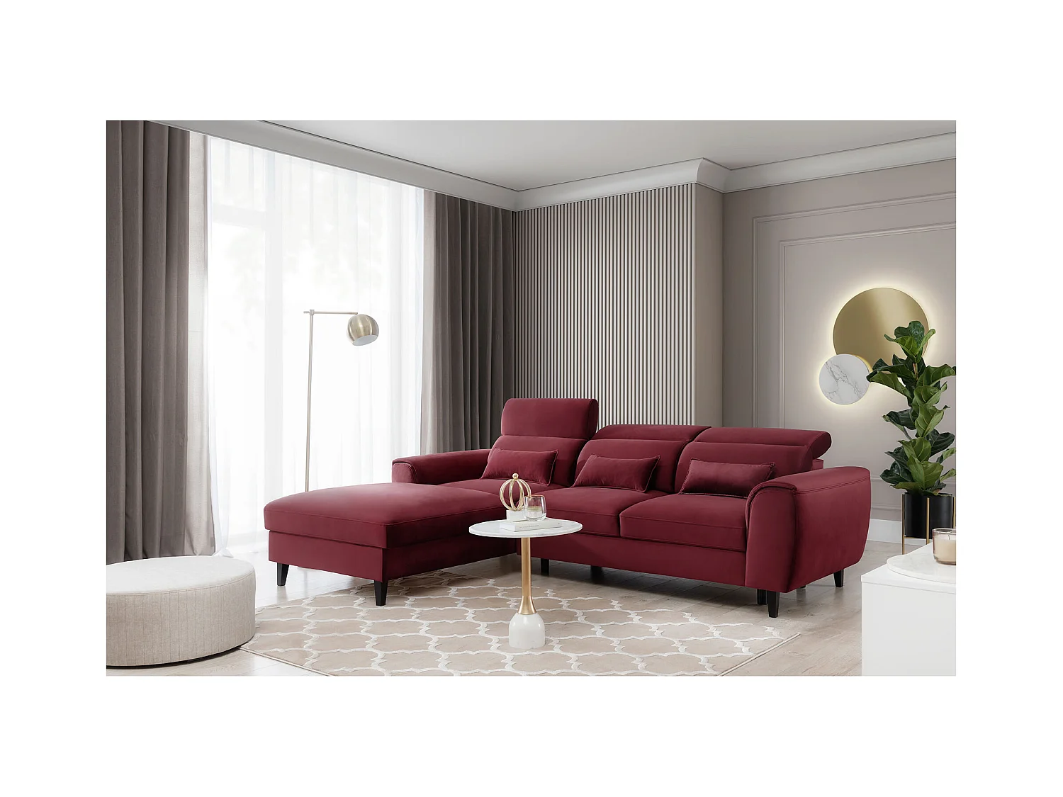 Canapé d'angle convertible velours appuis-tête réglables ASTORIA - Coffre et pieds bois noir-Rouge cerise-angle gauche