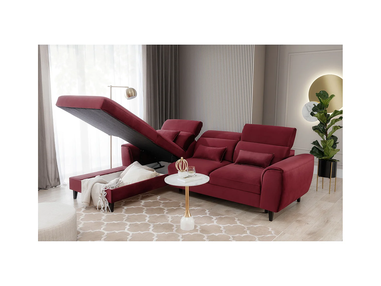 Canapé d'angle convertible velours appuis-tête réglables ASTORIA - Coffre et pieds bois noir-Rouge cerise-angle gauche